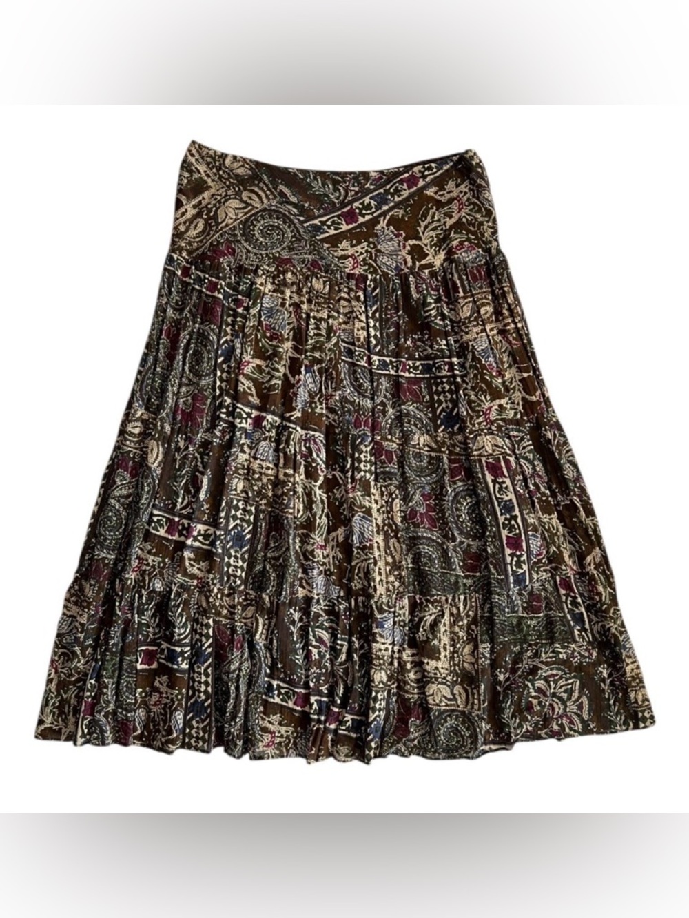 Chaps Brown Paisley Tiered A-Line Skirt with Red & Blue Accents